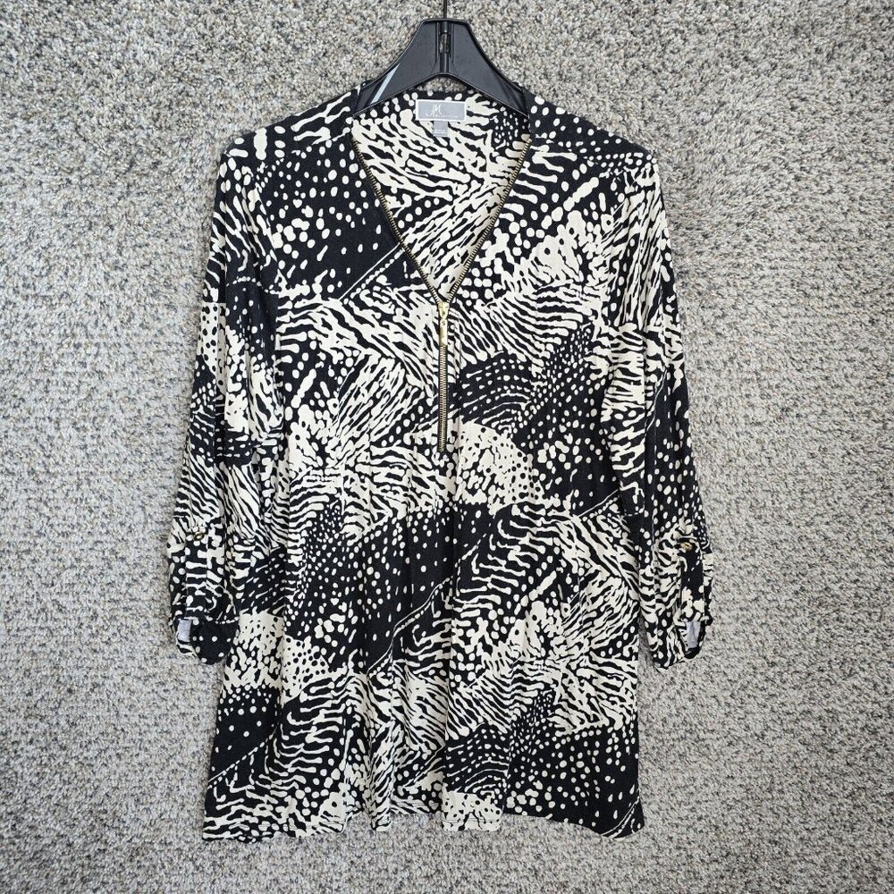 JM Collection Top Womens Large Black Tunic Quarter‎ Zip Printed Casual Ladies